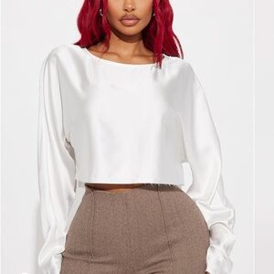 Fashion Nova White Long Sleeve Satin Boxy Crop Blouse